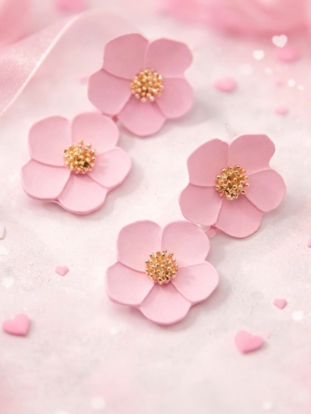 Pink Floral Statement Earrings | Double Flower Drop | Gold Center | Feminine